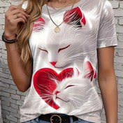 Resim Kadınlar için Günlük Kısa Kollu Sevimli Kedi & Kalp Baskılı Tişört - İlkbahar/Yaz İçin Hafif Nefes Alabilir Yuvarlak Yaka Üst, Makinede Yıkanabilir Moda Tee, Bayan T-Shirtleri, Eğlenceli Tasarım, Opak Malzeme 