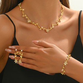 Resim Moda Takı Seti 1 Adet Kolye + 1 Çift Küpe + 1 Bilezik Üç Parçalı Set Düğün Etkinlikleri İçin Uygun Klavikula Zinciri Kazak Zinciri 