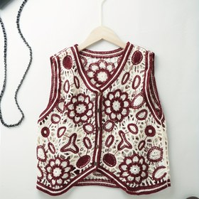 Resim Boho V-Neck Çiçek Örgü Kumaş Hollow Out Cardigan, Akrilik, Hafif Esneklik, Düzenli Uzunluk, Yaz, 14-18 Yaş Arası 