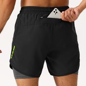 Resim Erkekler için 2'si 1 arada koşu ve fitness şortları - Fermuarlı ceplere sahip, ayarlanabilir bağcıklı, esnek olmayan kumaş, geometrik desen, egzersiz ve günlük giyim için ideal, spor salonu şortları 