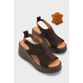 Resim Capone Outfitters Brena Hakiki Süet Çapraz Bantlı Dolgu Topuk Kadın Sandalet 