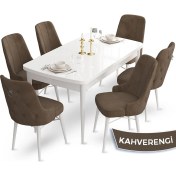 Resim Canisa Concept Taç Serisi 80 x 132 cm Açılabilir Beyaz Mutfak Masa Takımı 6 Sandalye Gümüş Halkalı 