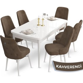 Resim Canisa Concept Taç Serisi 80 x 132 cm Açılabilir Beyaz Mutfak Masa Takımı 6 Sandalye Gümüş Halkalı 
