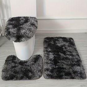 Resim 3'lü Peluş Tie-Dye Banyo Paspası Seti - Yumuşak, Hızlı Kuruyan, Kaymaz Polyester Halılar, Banyo, Yatak Odası, Mutfak & Duş Alanları için Makinede Yıkanabilir - Modern Gri & Siyah Tasarım, Banyo Matı 