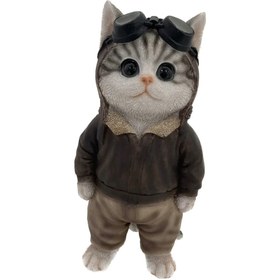 Resim Giftpoint Kedi Pilot Ayakta Gri Polyresin Dekoratif Obje Biblo 11x8,8x22cm Sevimli Obje 1 Adet 