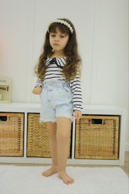 Resim Asortik Kids Kız Çocuk Çizgili Uzun Kollu Bluz + Kot Şort 2'li Set-K018-JLB-078 
