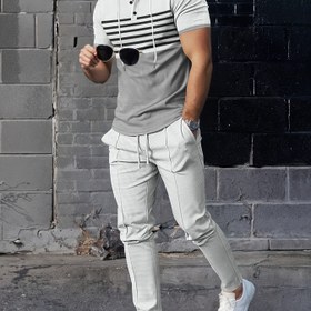 Resim Erkekler için yeni waffle desenli kapüşonlu kısa kollu üst ve klasik nefes alabilen rahat cepli pantolon iki parça yazlık athleisure set 