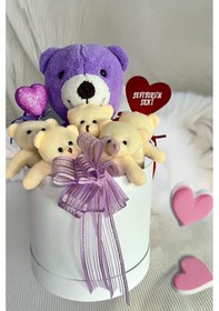 Resim Sole Premium Özel Hediye Kutusunda 25 Cm Lila Ayıcık Ve 5 Adet Krem Peluş Minik Ayıcık Buketi 