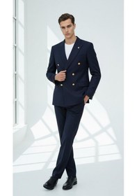 Resim Plus Scorpion Gold Düğmeli Kruvaze Erkek Blazer Ceket Premium Kumaş, Slim Fit Şıklık Koyu Lacivert 
