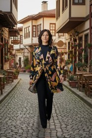 Resim MAKSEN TEKSTİL Viskon Kumaş Kuşaklı Geometrik Desenli Kadın Bağlamalı Siyah Kimono 
