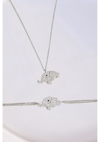 Resim Papatya Silver 925 Ayar Gümüş Rodyum Kaplama Zirkon Taşlı Fil Kolye ve Bileklik Set 