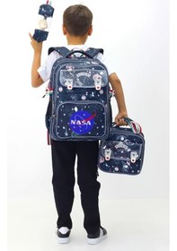 Resim Nasa 3'lü Çanta Sırt Çantası Beslenme Çantası Kalemlik Çocuk İlkokul Çantası Peluş Oyuncak Hediyeli Lacivert 