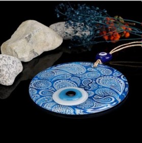 Resim Mavi Beyaz Cam Nazar Boncuğu, El İşçiliği Cam Duvar Süsü, Nazarlı 