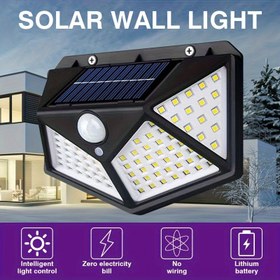 Resim Yeni 100LED duvar sensörü ışık, akıllı ışık sensörü, güneş şarjı, parlaklık otomatik ayarı, açık hava su geçirmez güneş sensör ışığı, dört tarafı aydınlatan insan sensörlü duvar lambası 