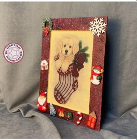 Resim Uretti - Funda 1603 - El Yapımı Sevimli Köpek Figürü Ahşap Yılbaşı Tablosu - 29 X 39 Cm 