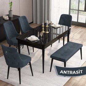 Resim Canisa Concept Are Serisi 80 x 132 cm Siyah Mermer Desen Masa Takımı 4 Sandalye Gümüş Halkalı ve 1 Bench 