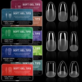 Resim 440 Adet Yumuşak Jel Basınçlı Tırnaklar - Şeffaf Akrilik Tam Kaplama Tırnak Uçları, Uzun Tabut/Orta Badem/Orta Oval Şekiller, Parlak Bitim Salon ve Ev Manikür Uzatmaları için, Profesyonel Kalite Tırnaklar 