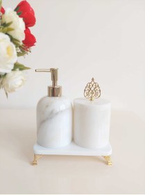 Resim Sümeyra Marble Art Bengi - Beyaz Mermer Banyo Seti 3lü | Gold Ayaklı | 