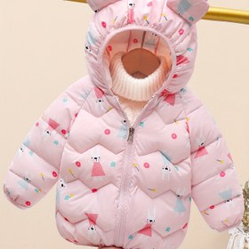 Resim 1 adet Çocuklar için Şirin Kapüşonlu Parka Ceket, Polyester Dokuma Kumaş ile Polyester Lif Dolum, Esnek Olmayan, Fermuarlı, Normal Beden, Rastgele Baskılı Tasarım - Erkek ve Kız Çocuklar için Sonbahar/Kış Sıcak Dış Giyim 