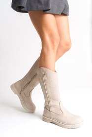 Resim Bak Store DAR KALIP Bej Ten Mat Nakışlı Fermuarlı Western Kovboy Kadın Çizme Dikişli Tabanlı 