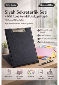 Resim Siyah Sekreterlik Seti + 100 Adet Renkli A4 Fotokopi Kağıdı Dayanıklı Kapak, Çok Amaçlı Kullanım 