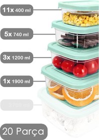 Resim 20'li Dikdörtgen Erzak Saklama Kabı Seti - Mikrodalgaya Uygun Düzenleyici Organizer Erzak Kabı Yeşil Yeşil 