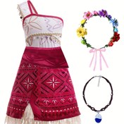 Resim Kızlar için Okyanus Macerası Kraliçesi Bohem Tarzı Tek Omuz Elbise + Çiçekli Halka + Macera Kolye 3'lü Set, Kostüm, Geometrik Desenli, Parti, Dar Kesim, Bölünmüş Detaylar ile 