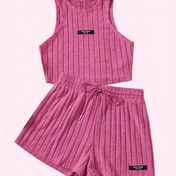Resim Kadınlar için Rahat Yazlık Kıyafet - Kolsuz Yırtık Atlet ve Bağcıklı Şort Takımı, Düz Renk, Hafif Polyester Karışımı, Tatil veya Rahat Kıyafetler için Mükemmel, Rahat Kıyafet | Yırtık Dokusu | Hafif Kumaş, Bayanlar Atletleri 