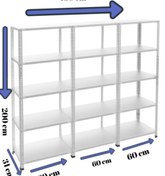 Resim RafBurada 5 Katlı 3'lü Galvaniz Çelik Raf - Depo, Arşiv, Kiler, Dosya, Market Rafı 31x60 Cm-200 Cm-0.70 Mm 