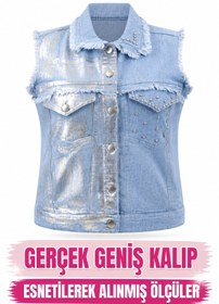 Resim lavelina Büyük Beden Denim Yakalı Düğmeli Parlak Taşlı Kolsuz Eskitme Detaylı Kadın Yelek 
