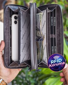 Resim Garbalia Orleans Vintage Deri Gri Telefon Bölmeli El Çantası Cüzdan Kartlık 