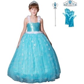 Resim Butikhappykids Prenses Elsa Askılı Kostüm Taç Asa Eldiven 1 - 12 Yaş Mavi 