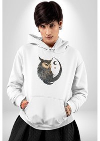 Resim Ay Yıldız Bakır Renk Baykuş Kadın Erkek Beyaz Kapüşonlu Sweatshirt Hoodie Beyaz 