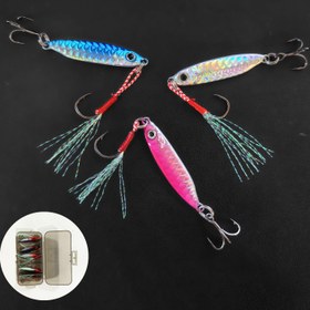 Resim 5 adet Metal Jig Lure Set - Bionic Hard Bait üçlü saç tokası ile, uzun mesafe atma kaşık balıkçılık lürleri farklı renklerde (Mavi, Pembe, Mor, Turuncu, Kırmızı) ile taze su ve tuzlu su balıkçılığı için güvenli depolama kutusu ile balıkçılık aletleri Bo 
