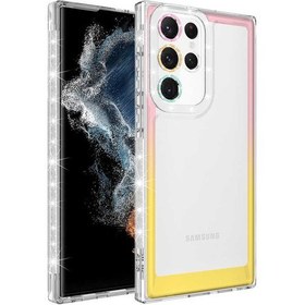 Resim Case 4U S22 Ultra Uyumlu Kılıf Simli ve Renk Geçiş Tasarımlı Lens Korumalı Park Kapak Pembe - Sarı 