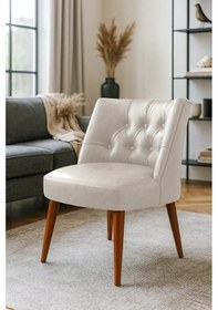 Resim Waterybrook Berjer Sandalye - Kapitoneli Suni Deri - Ceviz Ahşap Ayaklı - Retro Modern Tasarım Ekru 