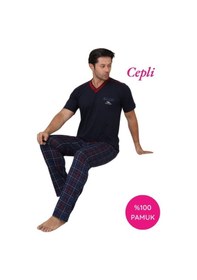 Resim Alimer Erkek V Yaka Ekose Desen %100 Pamuk Kısa Kol Cepli Pijama Takımı Lacivert 