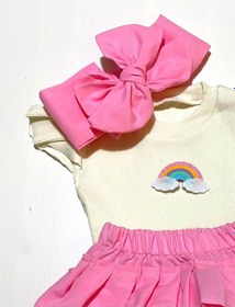 Resim Özge Başaran Popüler Kız Bebek Pembe Fırfır Şortlu Etek, Kolsuz Bluz, Diz Altı Çorap Ve Fiyonklu Pembe 