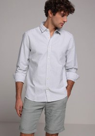 Resim Regular Fit Shirt Neck Çizgili Erkek Turkuaz Uzun Kol Gömlek Colin's