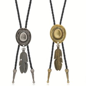 Resim Avant Garde Western Cowboy Bolo Tie Kolye, Moda Avrupa ve Amerikan Tarzı, Suni Deri Kolye Alaşım Tüy Şansı ile 