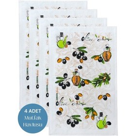 Resim 4lü Paket Baskılı Beyaz Mutfak Havlusu Modeli Zeytin 