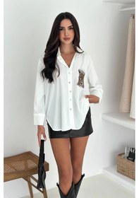 Resim Asprin Fashion Kaplan Desen Taç Baskılı Taşlı Gömlek Beyaz 