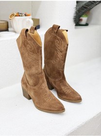 Resim D24kb-1755 Nakış Detaylı Hakiki Deri Süet Midi Bot Western Çizme Kadın 001 