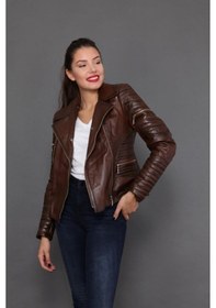 Resim Hakiki Kuzu Derisi Kollları İşlemeli Fermuarlı Kadın Ceket Kahverengi Kahverengi 
