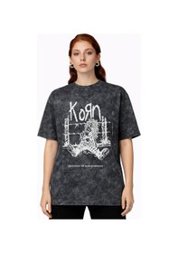 Resim Tasarım Korn Rock Metal Müzik Grubu Baskılı Unisex Oversize Vinta Siyah 