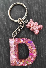 Resim nursstore Gül Kurusu Simli Glitterlı D Harf Minik Ayıcıklı Epoksi Anahtarlık Dharf Anahatarlık Harf Anahtarlık 