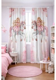 Resim Kız Çocuk Odası Çift Kanatlı Fon Perde Unicorn Prenses Desenli 