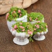 Resim 4 Adet Pembe Çiçek Yeşil Bitki Saksı Bitkisi - Minyatür Simülasyon - 1/12 Bebek Evi Dekorasyonu İçin Uygun 