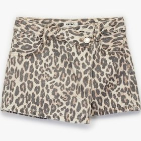 Resim Koton Leopar Desenli Pamuklu Kruvaze Denim Şort Etek Bej Desenli 6wkg40071ad Ekru Desenli 