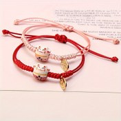Resim Erkekler için Şanslı Kedi Charm Bileklik - Seramik Boncuk & Alaşım Kolye, Günlük Tarz, Manyetik Olmayan, Moda Balmumu İpi Tasarımı 